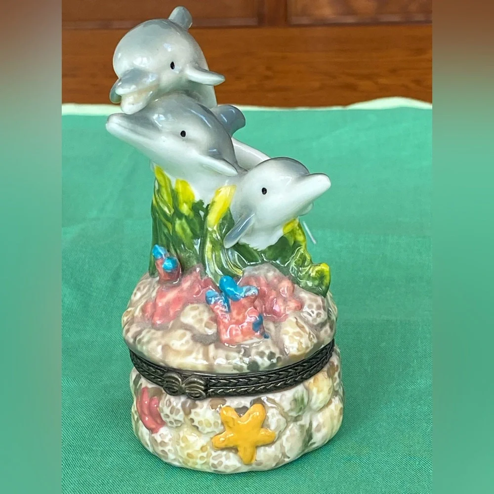Adorable, larger size vintage, dolphin, porcelain hinged box in ocean scene